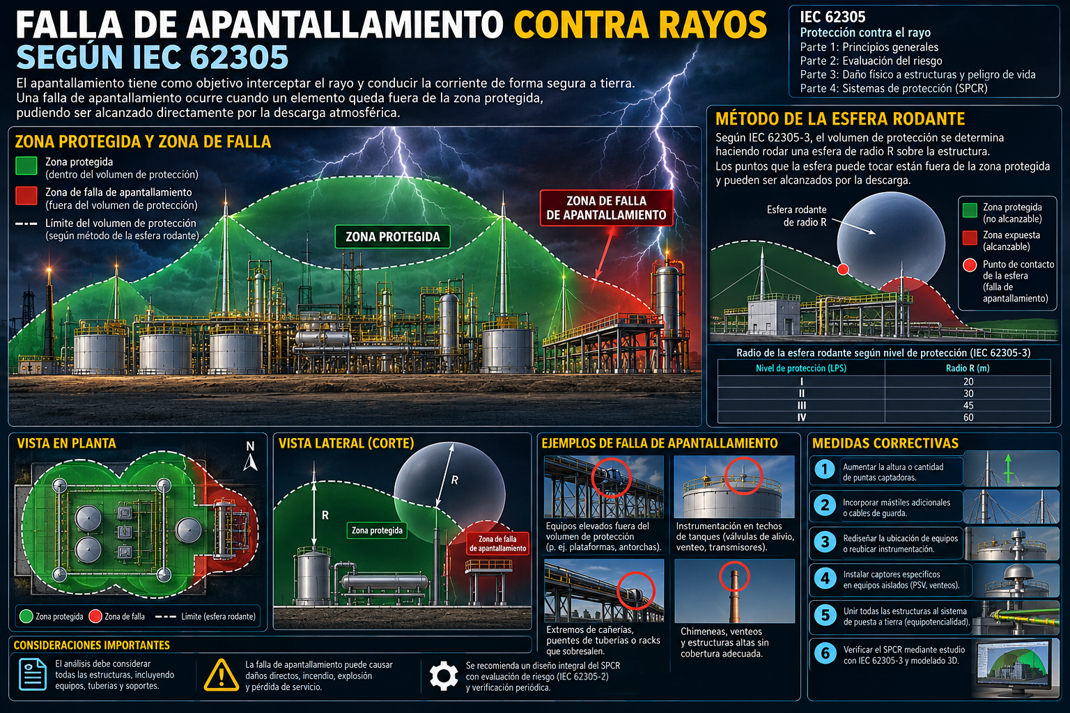 Falla de apantallamiento contra rayos según IEC 62305: zonas protegidas y método de la esfera rodante