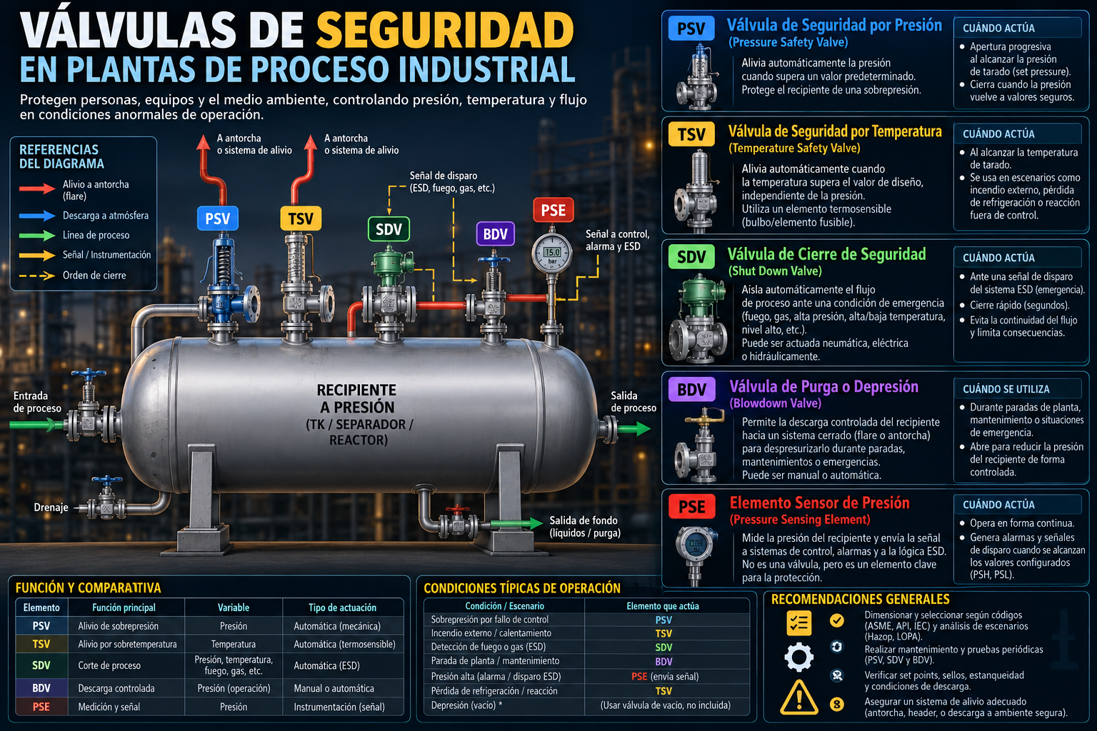 Válvulas de seguridad en plantas de proceso industrial: PSV, TSV, SDV, BDV, PSE